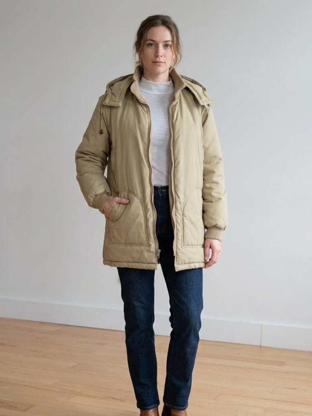 Vintage Sz L Rally Express Beige Tan Puffer Parka Utility Field Jacket W Hood
